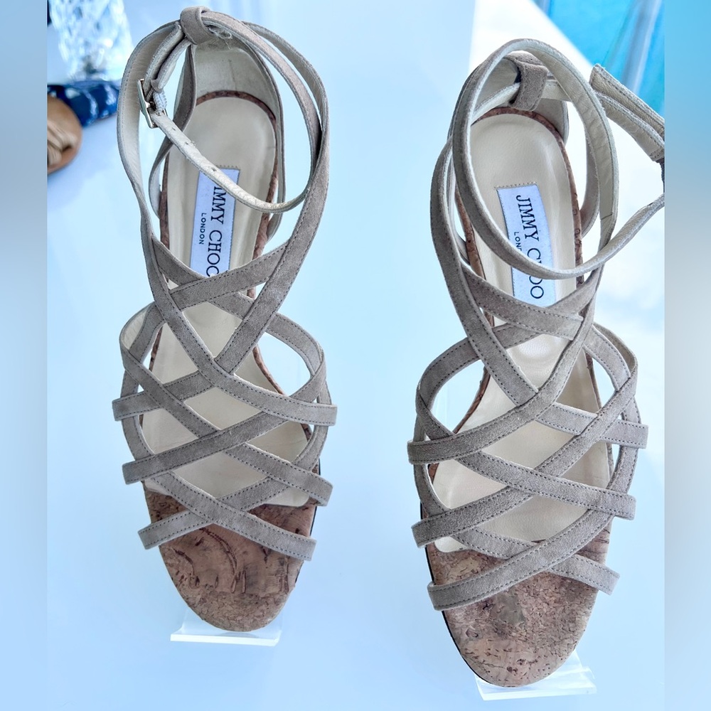 Jimmy Choo Beige Napa Suede Strappy Gladiator Cork Wedge Sandals - Picture 7 of 11